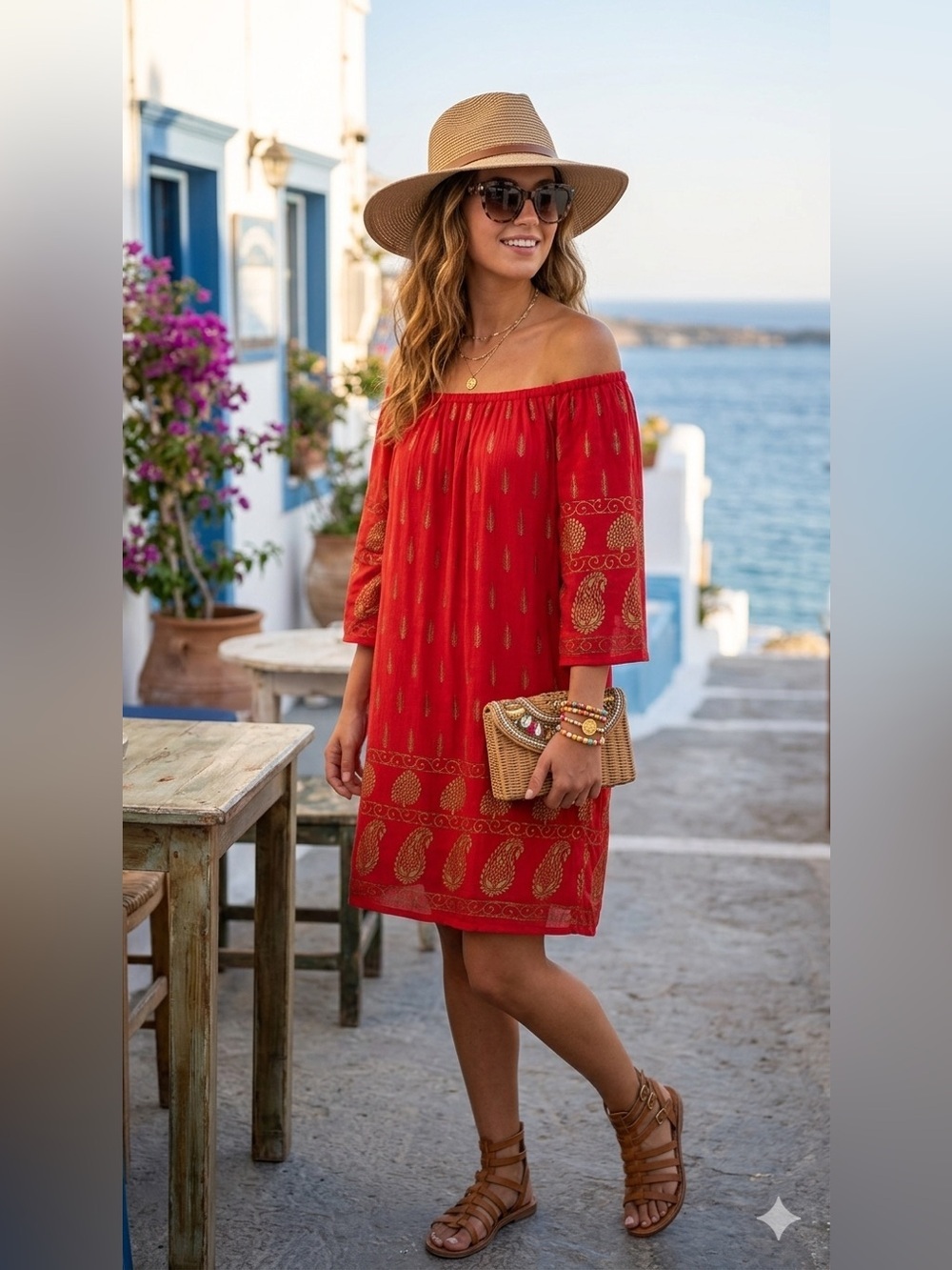 Lapocee Boho Peasant Dress Sz L Red Gold Embroidered Off Shoulder Tunic Dress